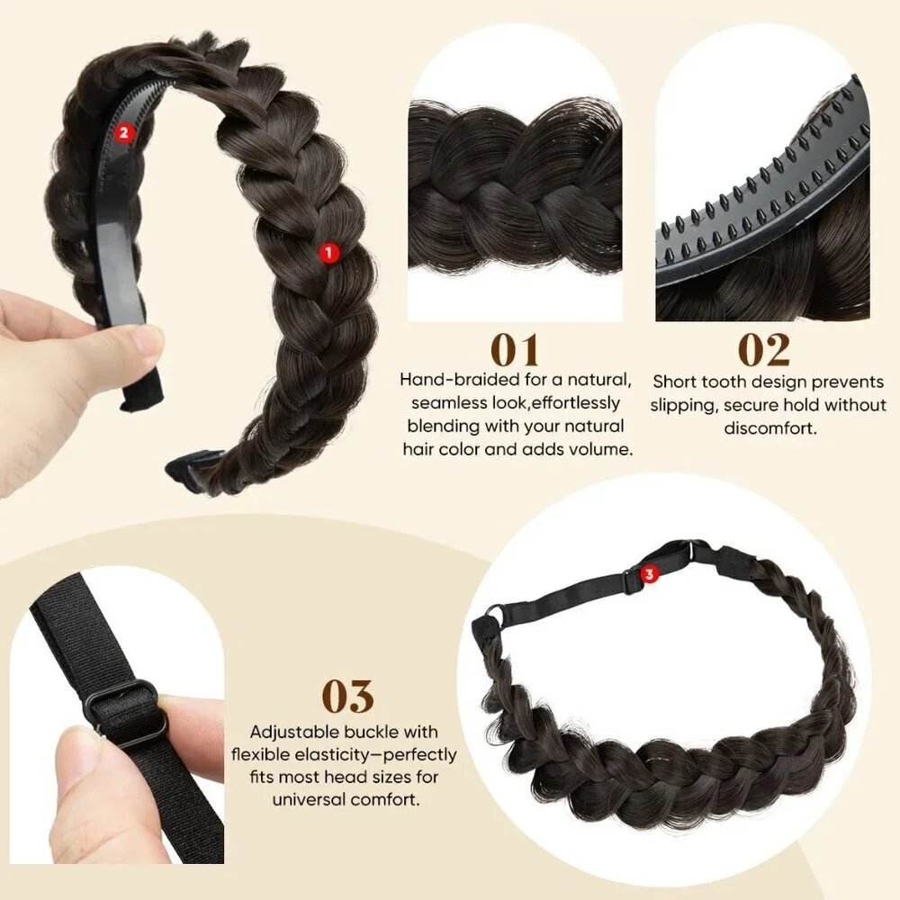 2PCs Braided Headbands Women Synthetic Hair Dual Use Elastic Comfortable